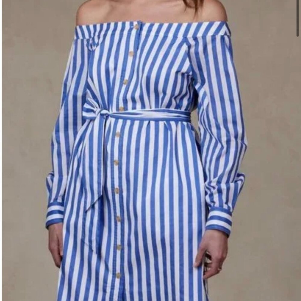 NWT Banana Republic Off The Shoulder Midi Shirt Dress Blue Stripe